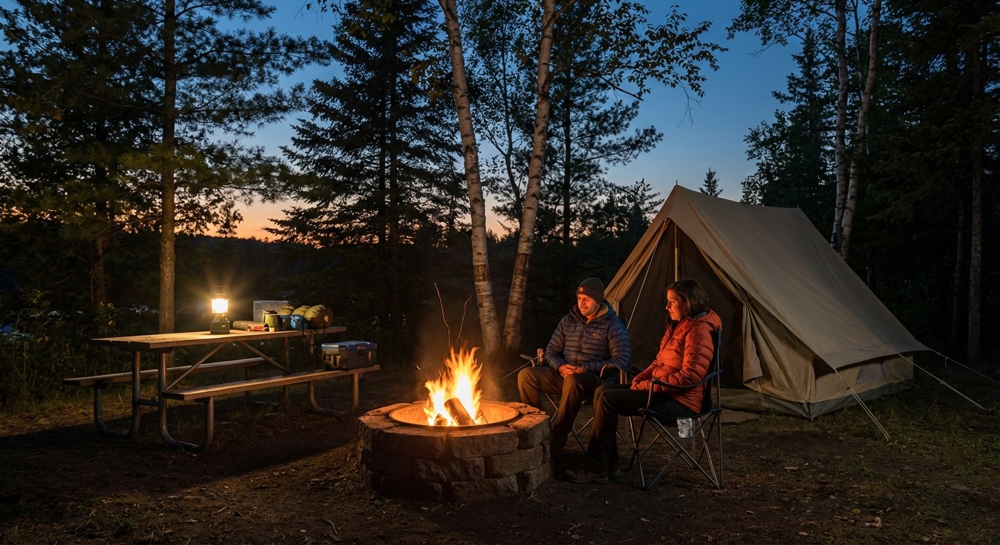 Campfire burning at an Ontario campsite at dusk