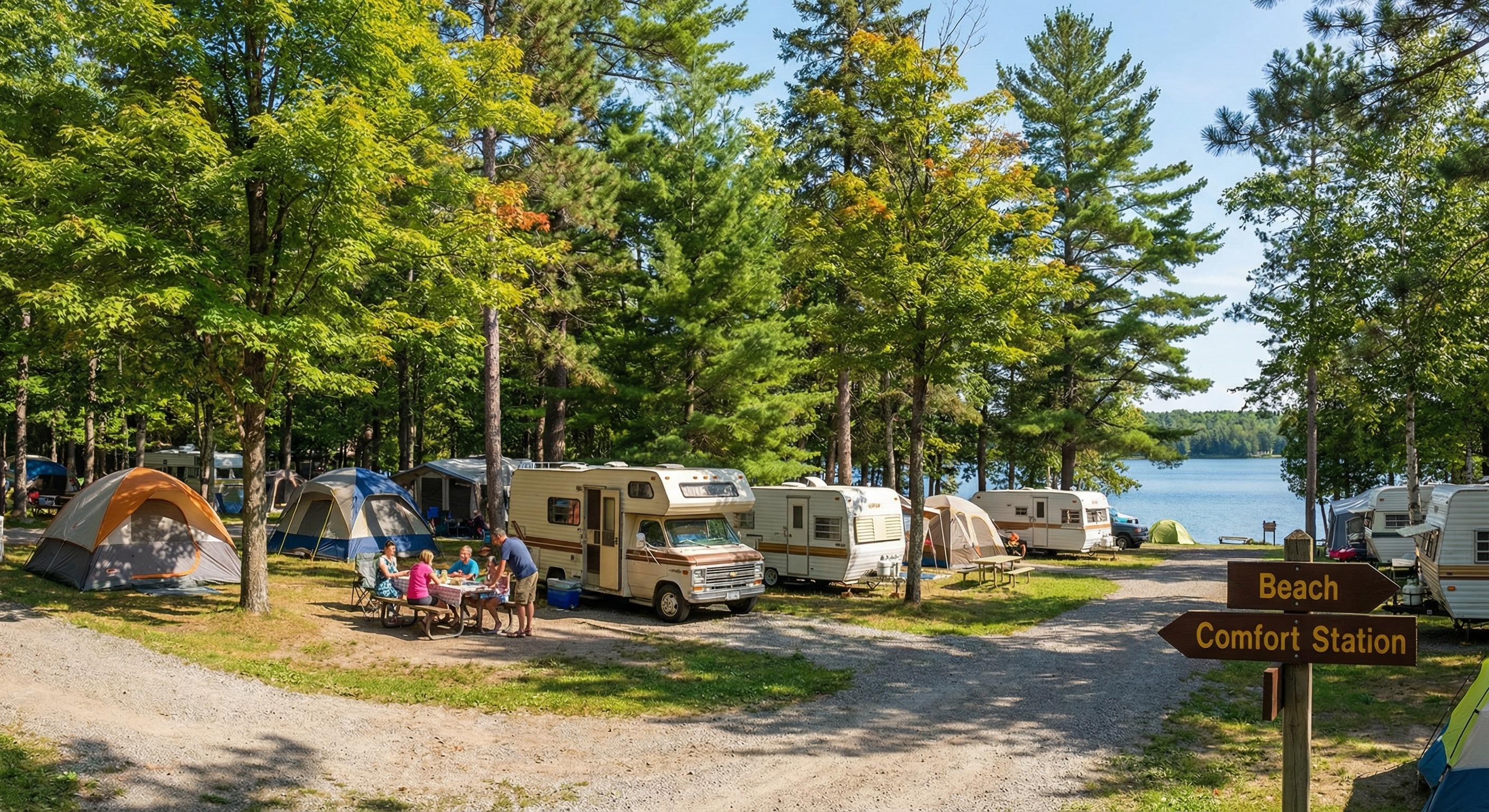 Ontario campground with tents among tall pine trees at sunset