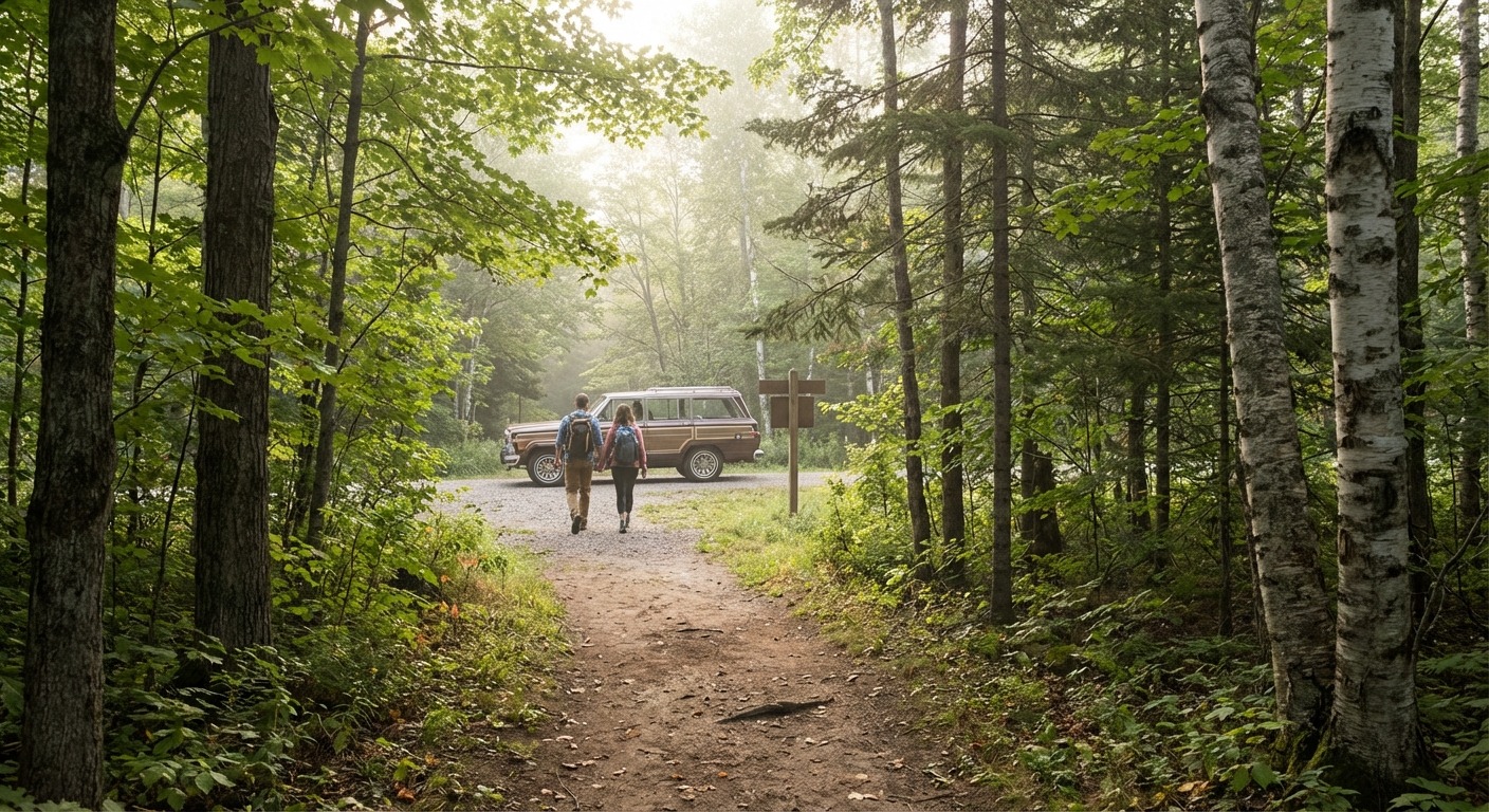 Hiking trail through Ontario forest with morning light