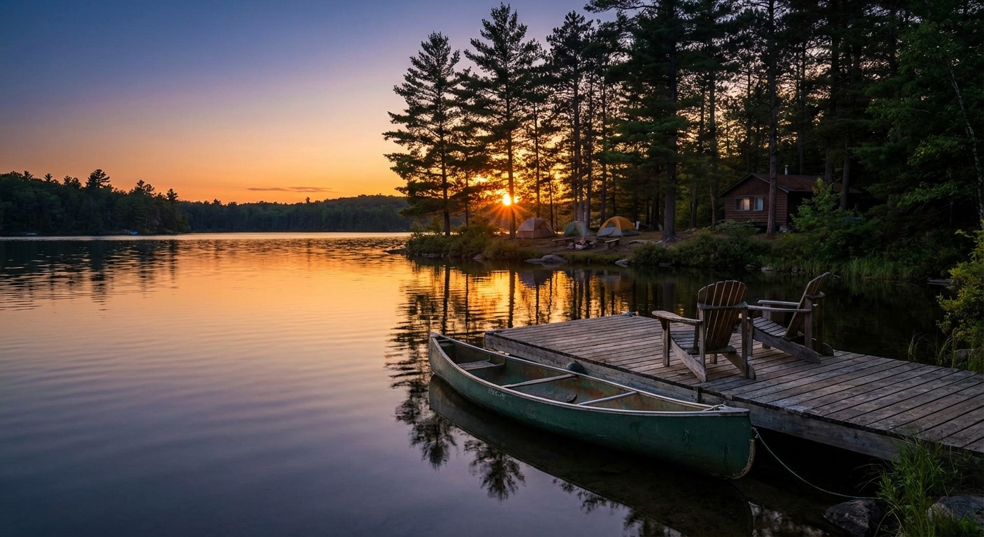 Calm Muskoka lake at sunset