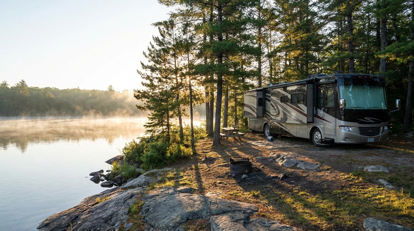 RV camper parked at a lakeside campground